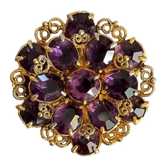 Vintage Goldtone Filigree Brooch With Dark Amethyst Crystal Stones - Picture 3 of 5